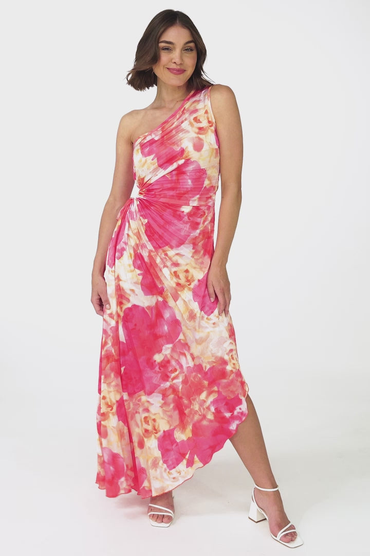 Kaia Maxi Dress - One Shoulder Dress with Side Cut Out in Cressida Print Pink