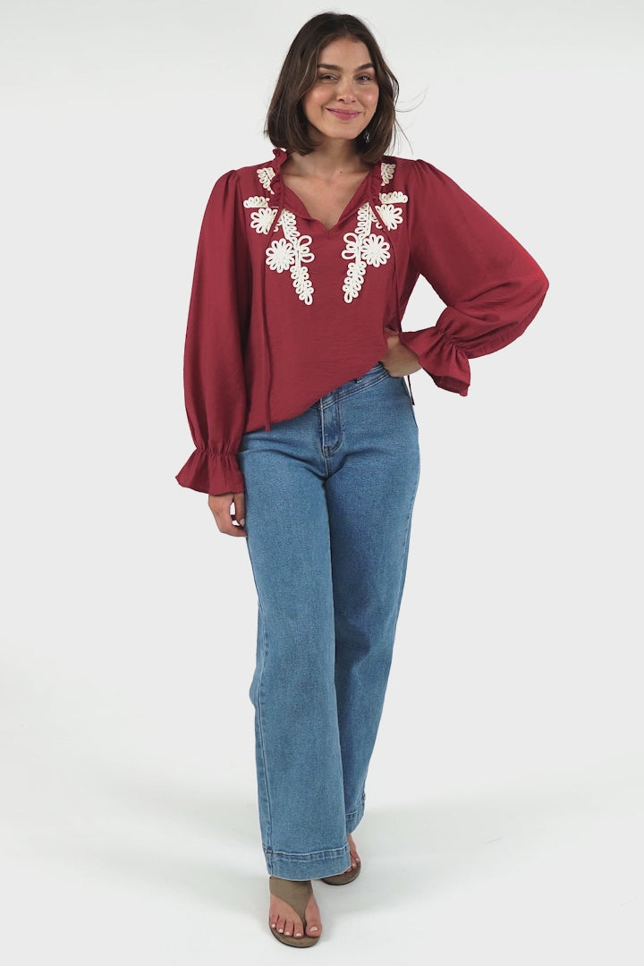 Lucian Blouse - Frill Neckline Pull Over Floral Decal Blouse in Red