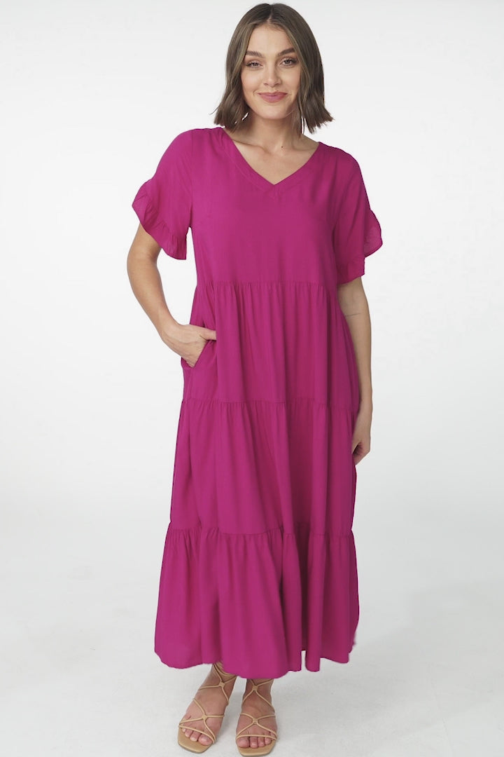 Ame Midi Dress - V Neck Frill Sleeve Tiered Dress in Magenta