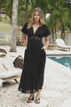 Alexis Midi Dress - Lace Trim V-Neck A-Line Dress with Pockets in Black
