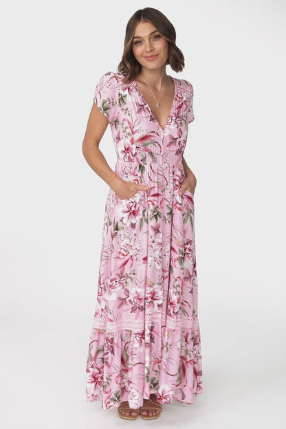 JAASE - Carmen Maxi Dress: Butterfly Cap Sleeve Button Down A Line Dress with Lace Trim in Pink Lotus Print