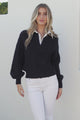 Cher Jumper - Sewn in Collar V-Neck Cable Knit Jumper in Navy