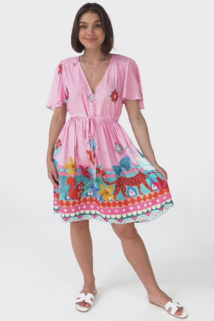 Pammy Mini Dress - Cape Sleeve Pull Tie Mini Dress in Pippa Print Pink