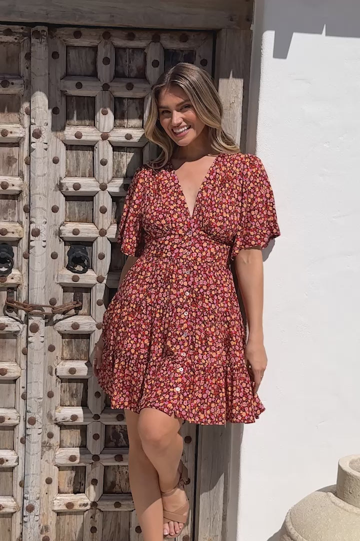 Sana Mini Dress - Bell Sleeve Button Down V Neck Dress in Rosina Print