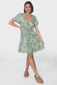 Malila Mini Dress - Cap Sleeve A Line Dress with Pull Tie Waist in Havanna Print Green