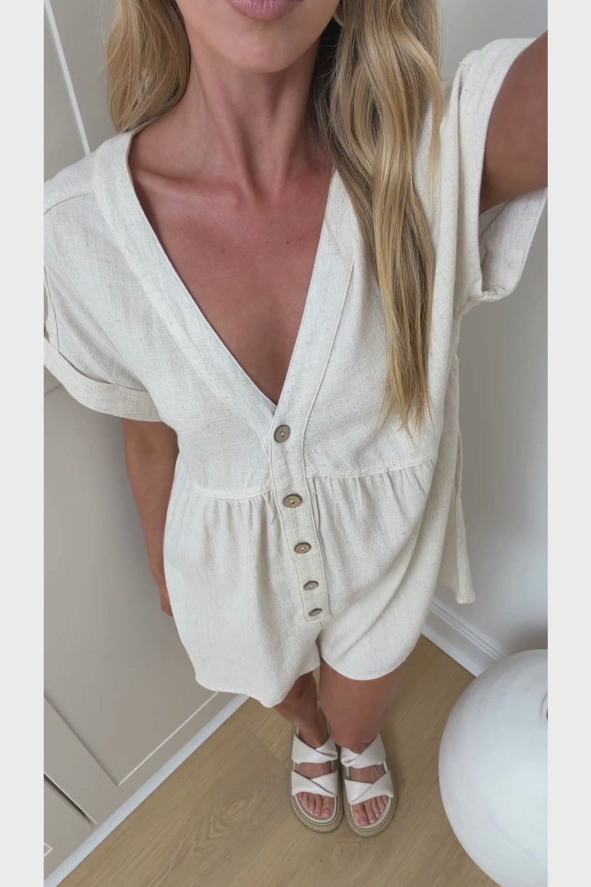 Perry Playsuit - V Neck Short Sleeve Button Down Playsuit with Pockets in Beige