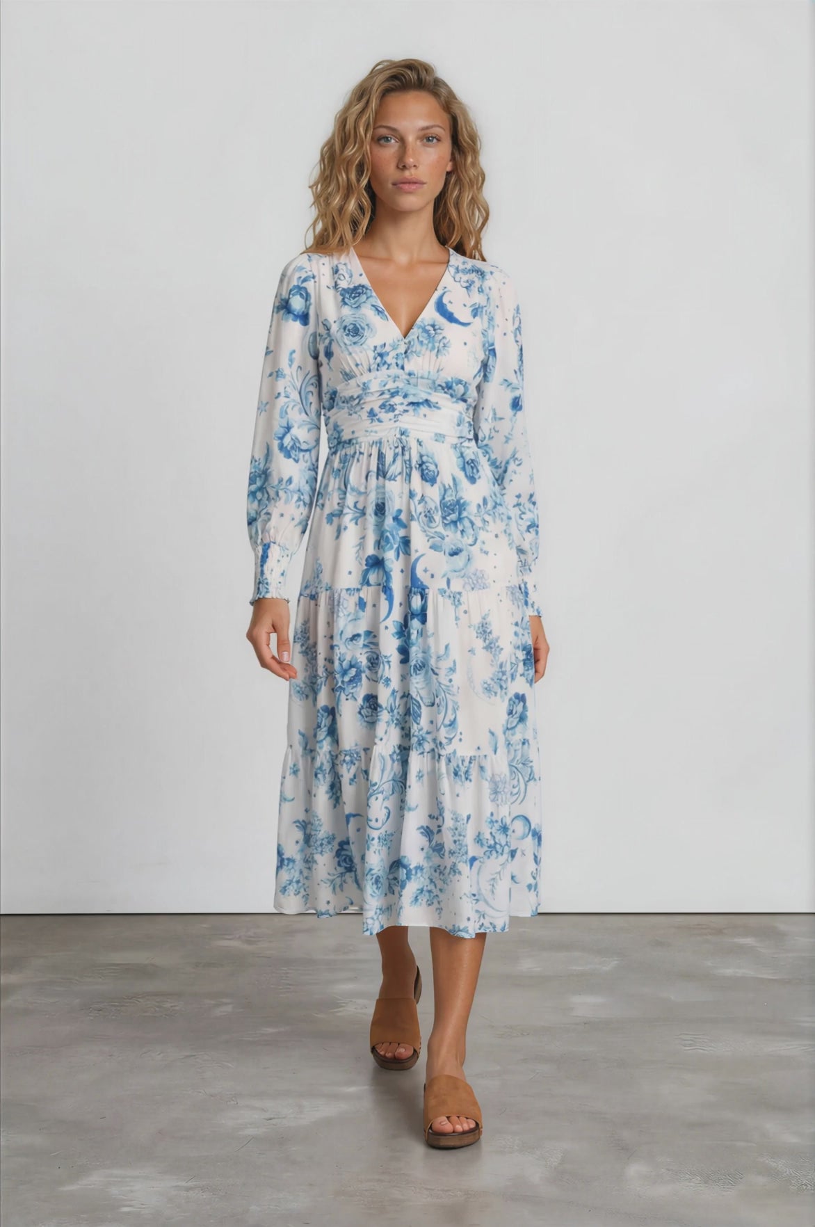 Hallow Midi Dress - V-Neck A Line Dress with Long Sleeves in Runa Print