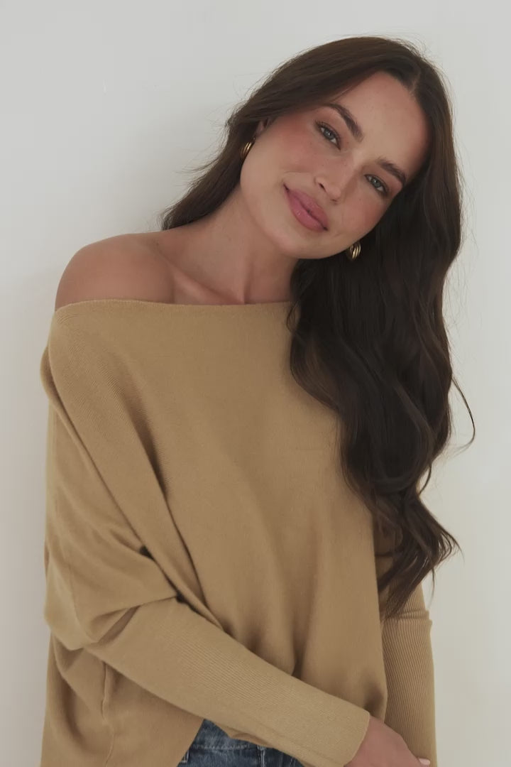 Belinda Knit Top - Boat Neckline Boxy Batwing Top in Caramel