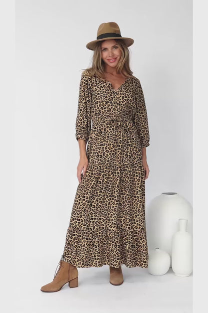 Seara Maxi Dress - Button Down Bodice Tiered A-Line Dress in Leopard Print