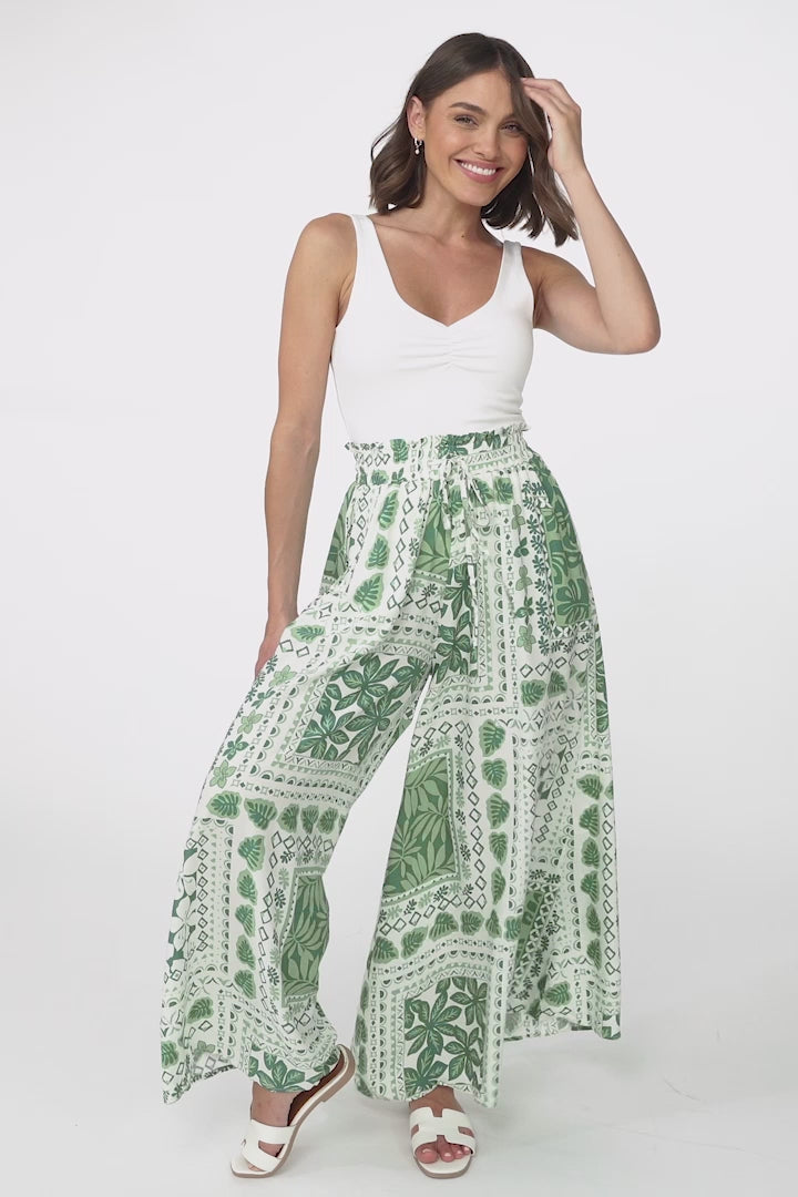 Charli Pants - Paper Bag High Waisted Wide Leg Pants in Halia Print Green