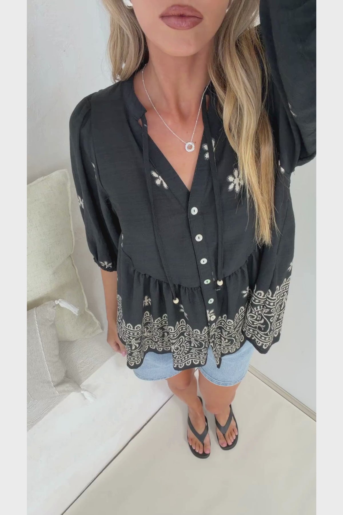 Ziva Blouse - Mandarin Collar Button Down with Balloon Sleeves in Moka Print Black