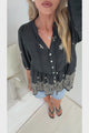 Ziva Blouse - Mandarin Collar Button Down with Balloon Sleeves in Moka Print Black