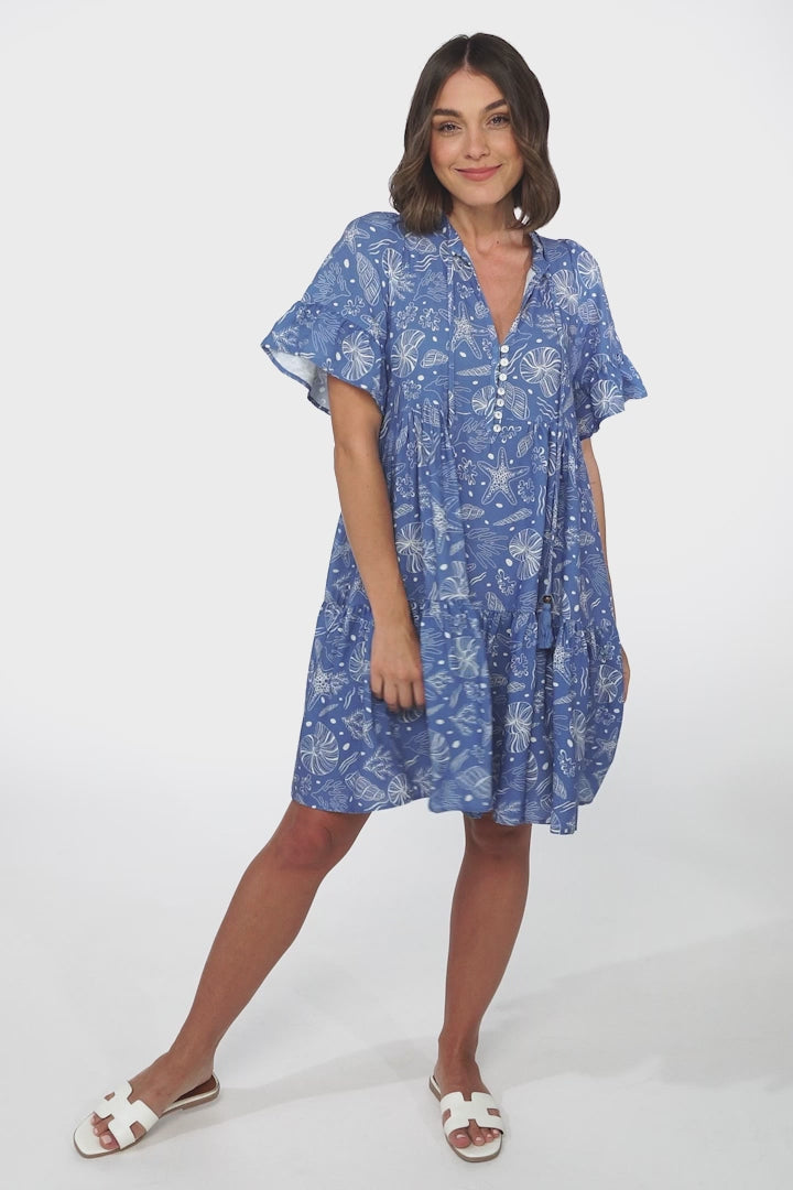 Abilia Mini Dress - Mandarin Collar Smock Dress in Cove Print Blue