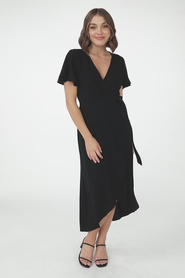 Evelyn Wrap Midi Dress - Linen Blend Wrap High Low Cap Sleeve Dress in Black