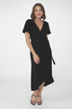 Evelyn Wrap Midi Dress - Linen Blend Wrap High Low Cap Sleeve Dress in Black