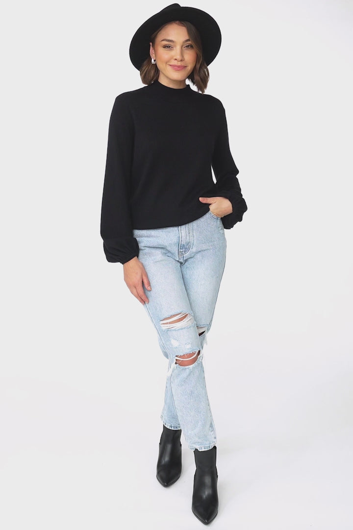 Tallum Knit Top - High Neck Knit Top with Balloon Sleeves in Black