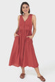 Anaya Midi Dress - V Neck Linen/Cotton Blend Button Down Sleeveless Dress in Red