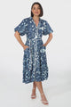 Olisa Midi Dress - Button-Down Contrast Piping Smock Dress with Matching Belt in Embry Print Blue