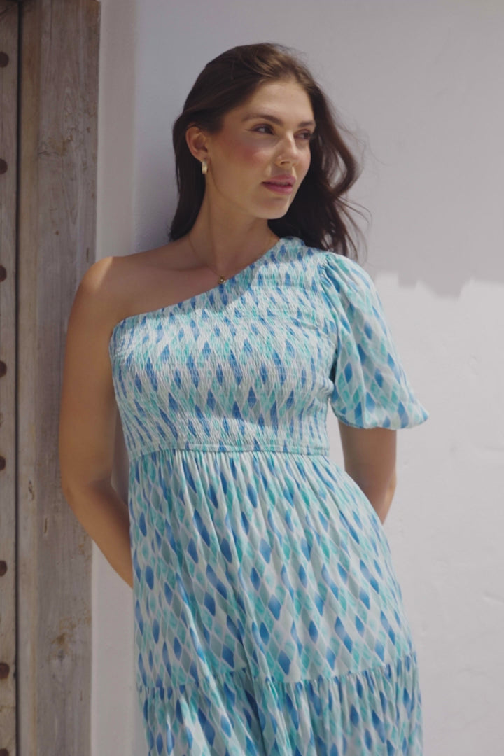 Xanthi Midi Dress - One Shoulder Elasticated Bodice Tiered Dress in Pasha Print