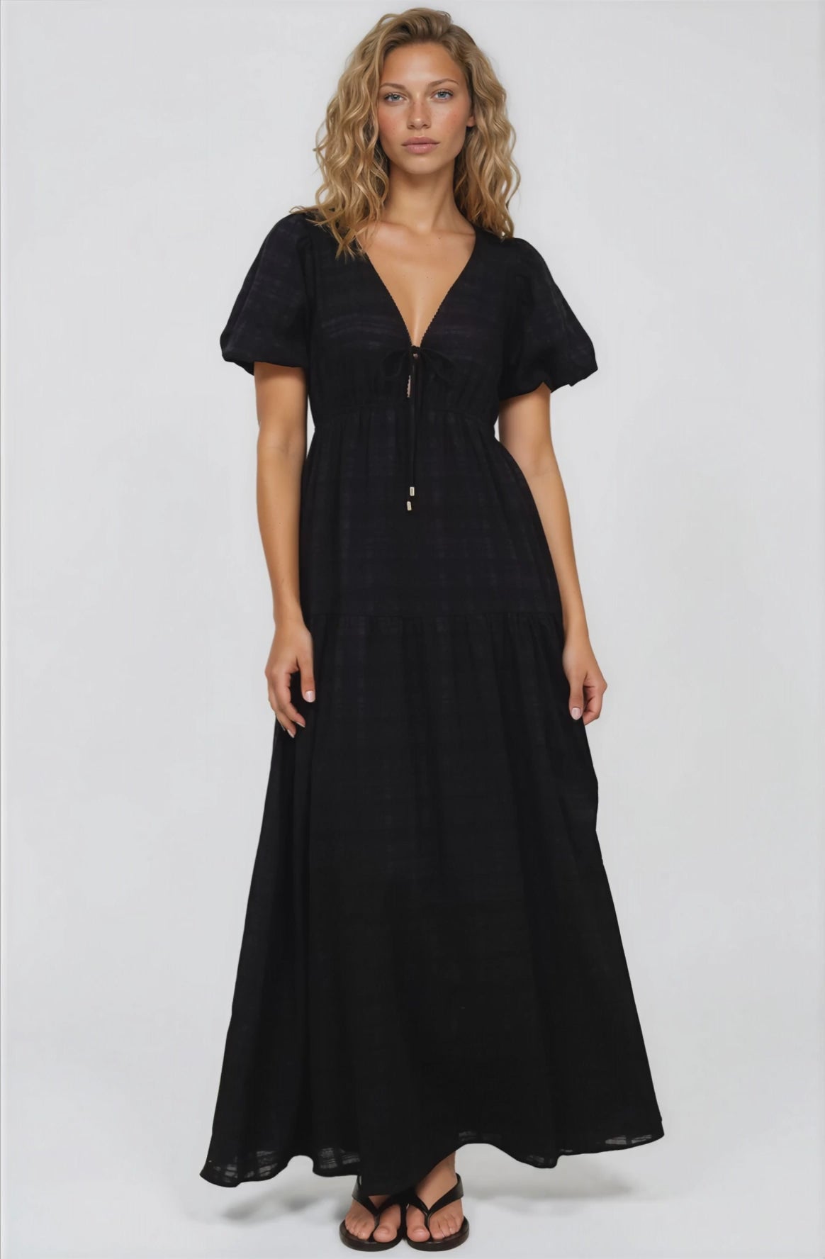 Emirah Maxi Dress - V-Neck Tiered A-Line Dress with Puff Sleeves in Black