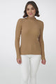 Hellen Knit Top - High Neck Raw Trim Ribbed Top in Tan