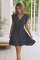 Hetta Mini Dress - V Neck Dress with Adjustable Tie Waist and Flutter Cap Sleeves in Pomona Print Navy