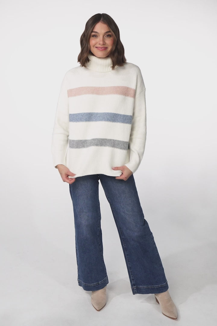 Rhea Jumper - Turtle Neck Stripe Pull Over Jumper with Multicoloured Stripes in Cream