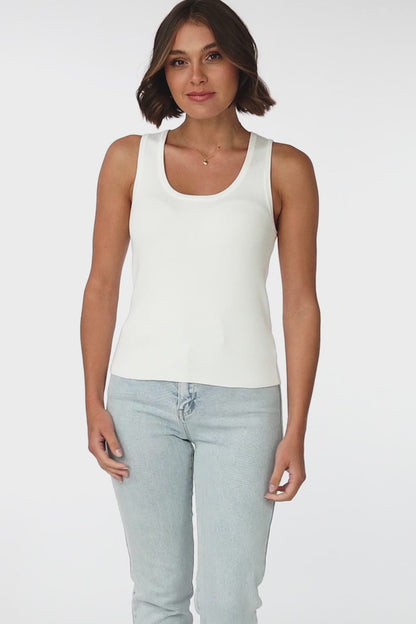 Lorena Ribbed Top - Scooped Neckline Thick Strap Ribbed Top in White
