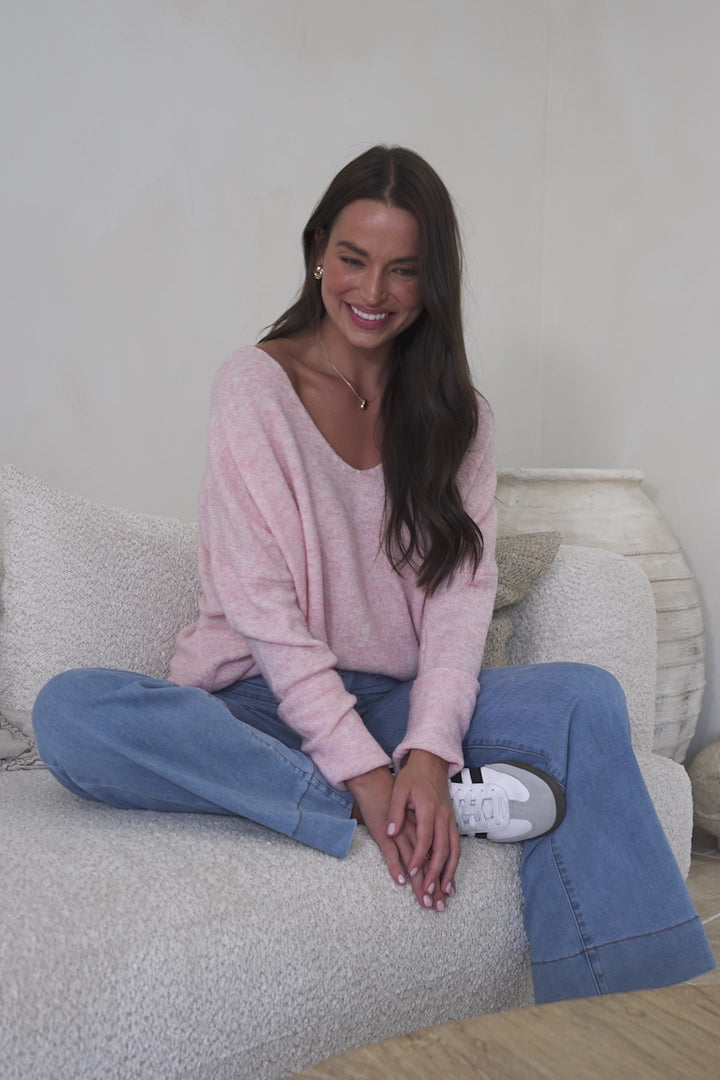 Carol Knit Top - Soft V Neck Batwing Sleeve Knit Top in Pink