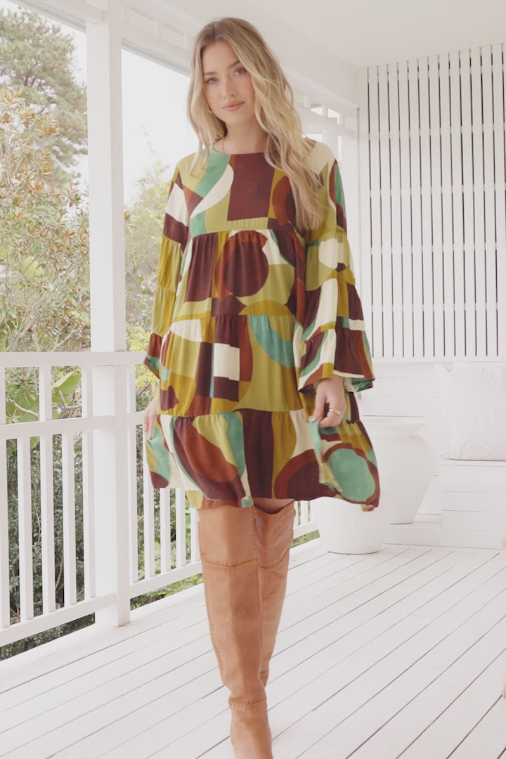 JAASE - Sander Mini Dress - Tiered Pull Over Dress with Tiered Bell Sleeves in Bardot Print