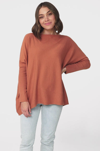 Belinda Knit Top - Boat Neckline Boxy Batwing Top in Rust