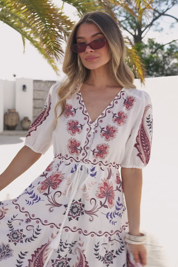 Bestie Mini Dress - V Neck Balloon Sleeve Dress with Tie Waist and Pockets in Magah Print White