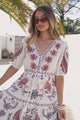 Bestie Mini Dress - V Neck Balloon Sleeve Dress with Tie Waist and Pockets in Magah Print White