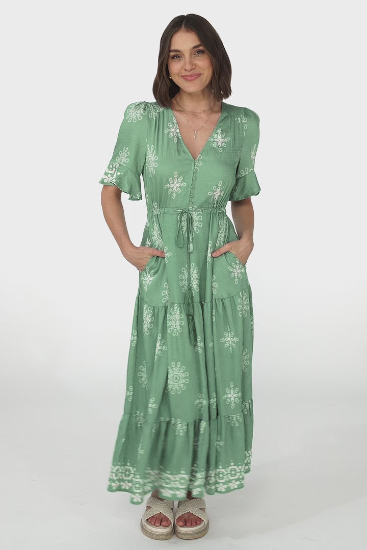 Kama Maxi Dress - Buttoned Bodice Pull Waist A Line Dress in Feba Print Green