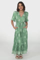 Kama Maxi Dress - Buttoned Bodice Pull Waist A Line Dress in Feba Print Green