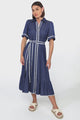 Kelsey Midi Dress - Contrast Trim Button Down Dress with Belt in Denim Blue