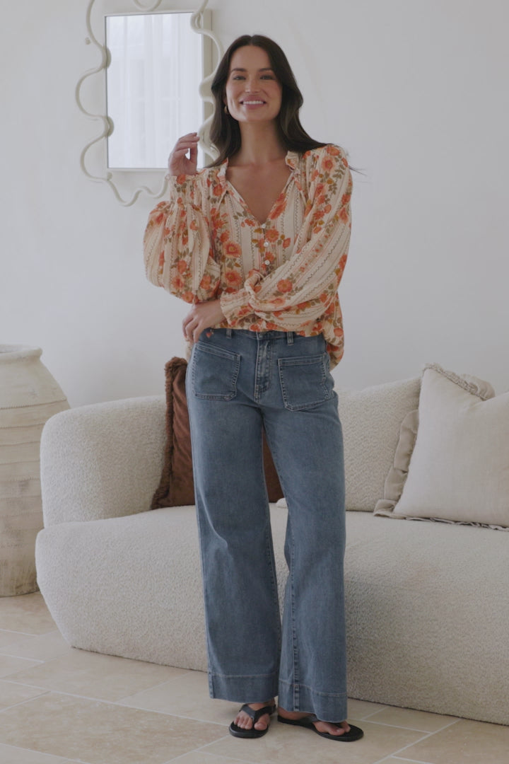 Moree Blouse - Frill Collar Neck Tie Button Down Shirt in Vondrosa Print