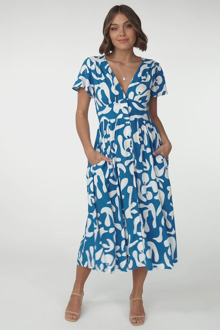 Loya Midi Dress - A Line Cap Sleeve Button Down Dress in Jaxie Print Blue