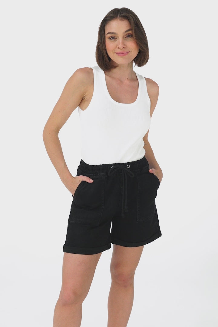 Halley Denim Shorts - Elasticated Waistband Folded Cuff Denim Shorts in Black