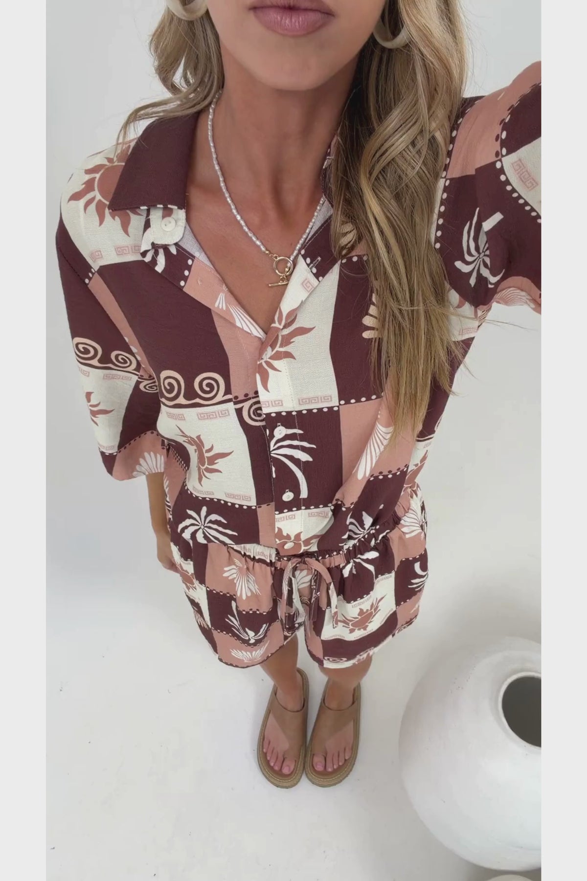 Mirian Button Up Shirt And Shorts Set - Serena Print Tan