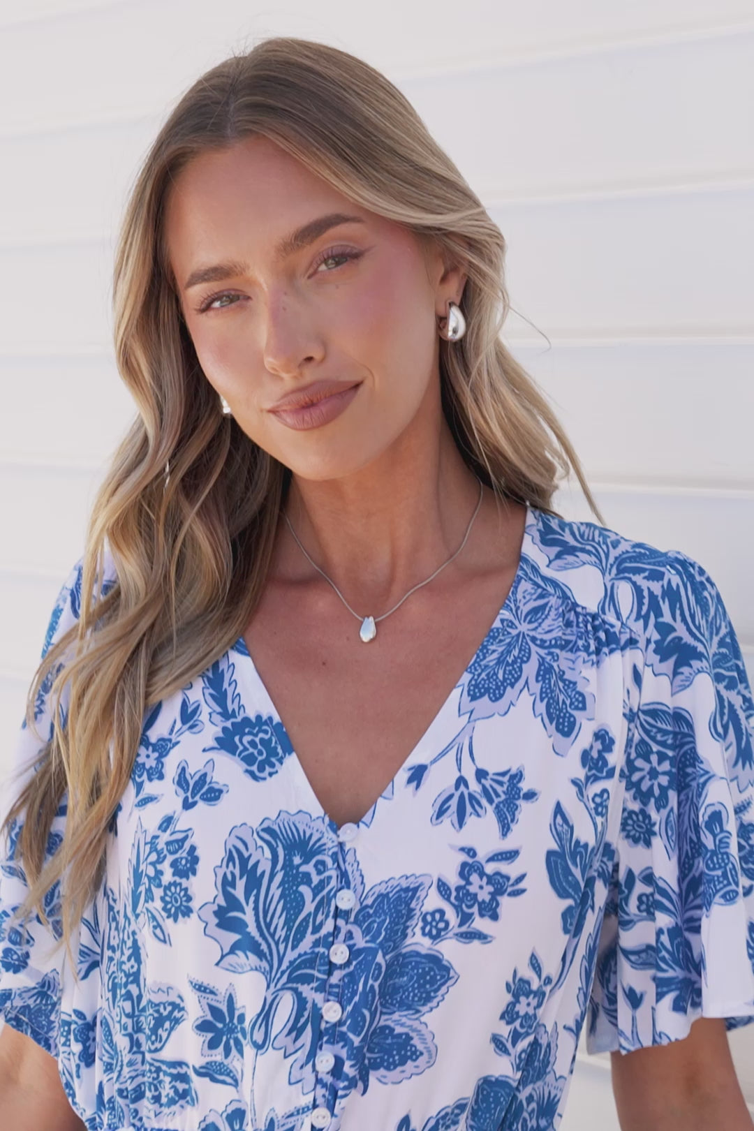 Arabella Mini Dress - V Neck Button-Front Dress with Adjustable Tie Waist in Alina Print