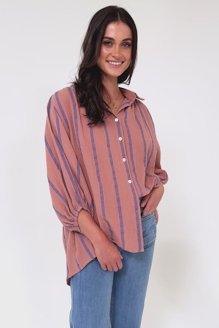 Samsara Shirt - Collared Oversized Button Down with Balloon Sleeves in Blush Stripe