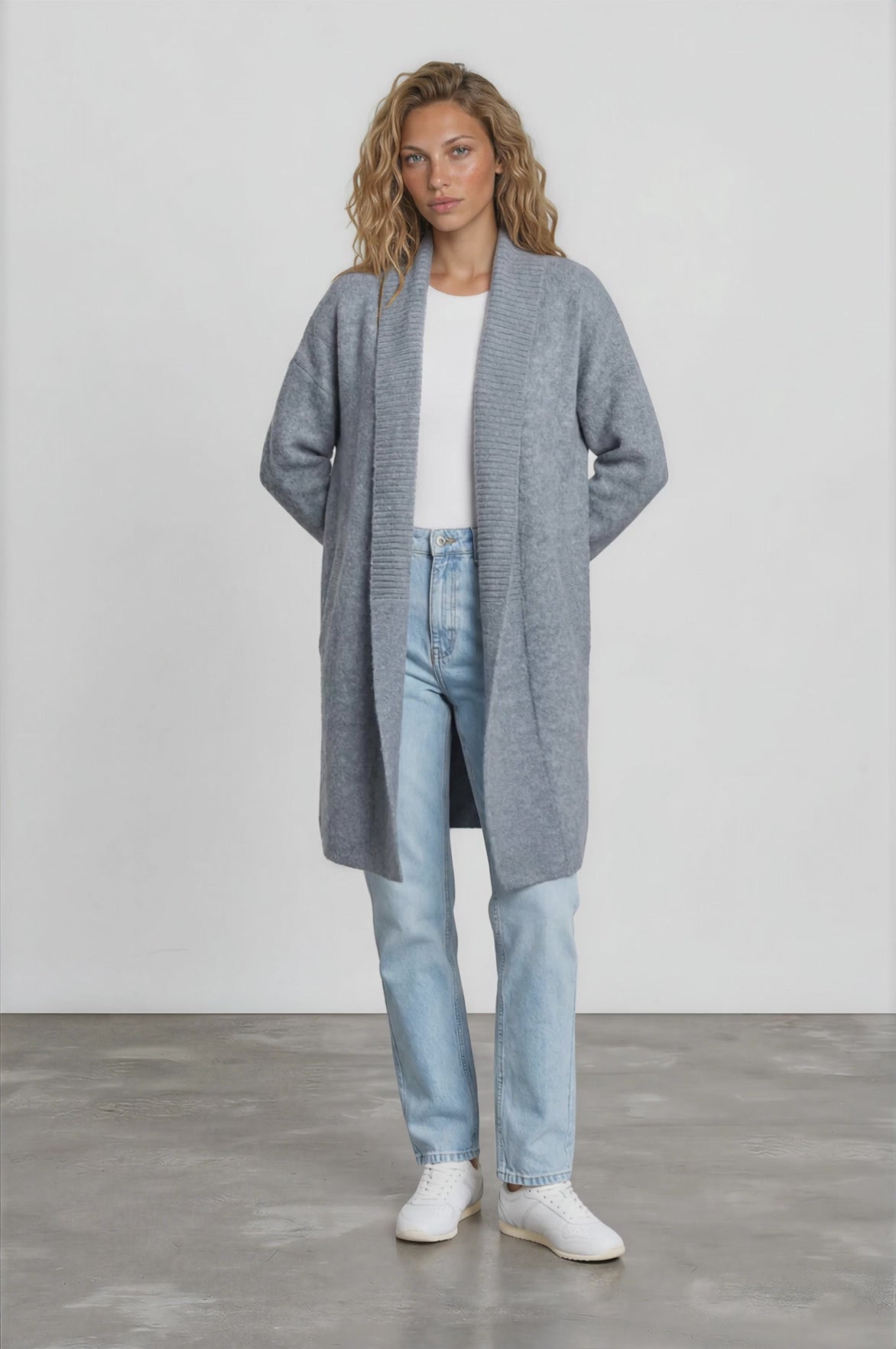 Oswin Cardigan - Open Front Ribbed Shawl Collar Knit with Pockets in Blue