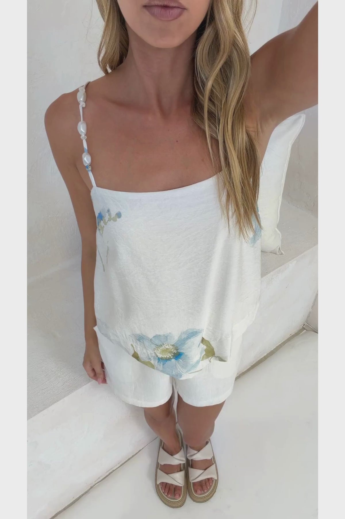 Franca Cami - Faux Pearl Detailed Spaghetti Strap Top in Nigella Print
