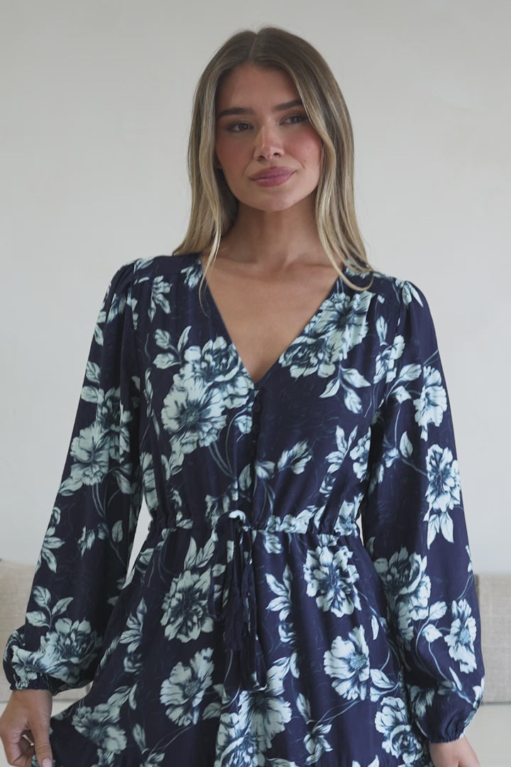 Villia Maxi Dress - V Neck Tiered Dress with Pull Tie Waist and Long Balloon Sleeves in Minka Print Navy