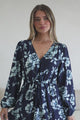 Villia Maxi Dress - V Neck Tiered Dress with Pull Tie Waist and Long Balloon Sleeves in Minka Print Navy
