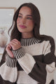 Janie Jumper - Mock Neck Striped Jumper with Contrast Stripe Hemlines in Chocolate