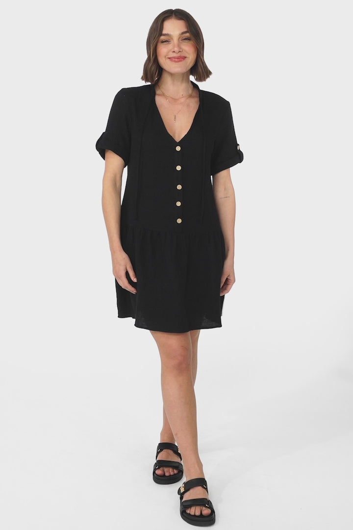 Lucie Mini Dress - Cheesecloth Cotton Shift Dress with Short Buttoned Cuff Sleeves in Black