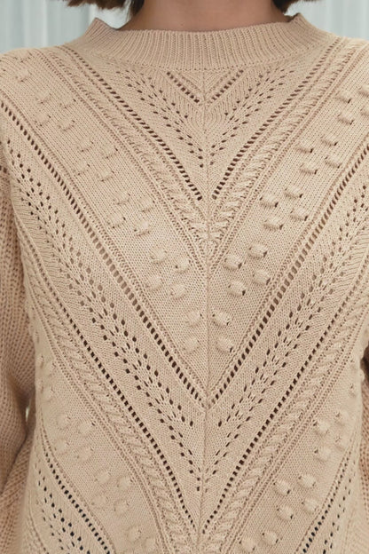 Ruthie Knit Top - Pom Pom Open Knit Decal Jumper in Beige