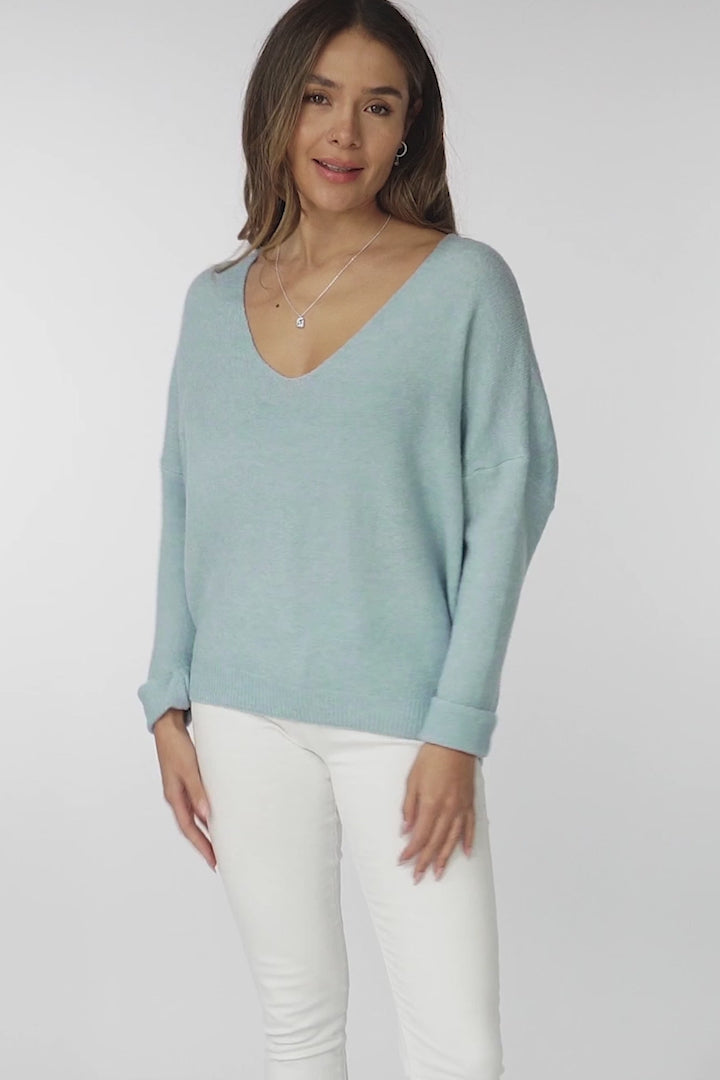 Carol Knit Top - Soft V Neck Batwing Sleeve Knit Top in Baby Blue